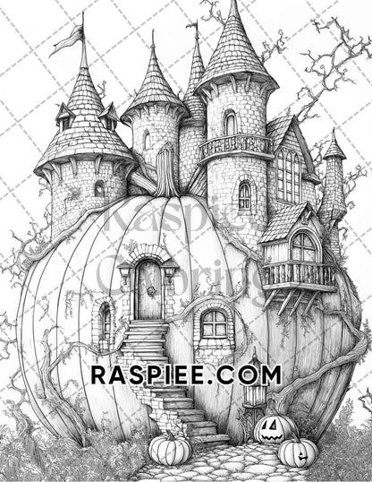 Fantasy Giant Pumpkin Castles Adult Coloring Pages Printable PDF Instant Download - RASPIEE