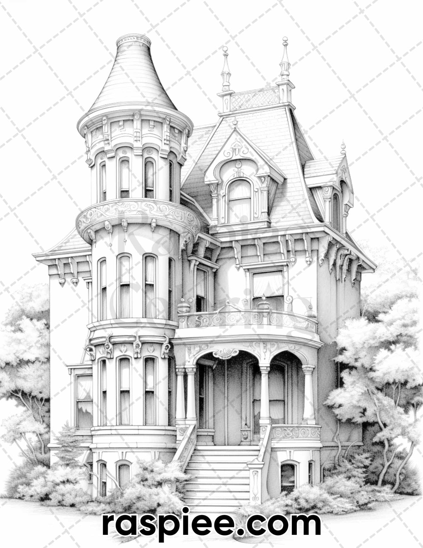 40 Victorian Mansions Grayscale Coloring Pages for Adults, Printable PDF Instant Download