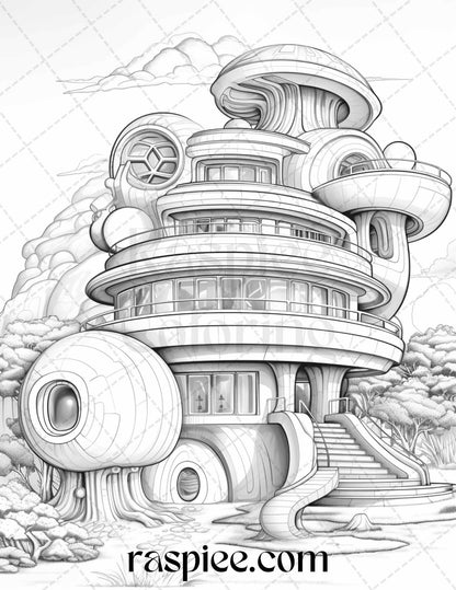 43 Futuristic Houses Grayscale Coloring Pages Printable for Adults, PDF File Instant Download - Raspiee Coloring