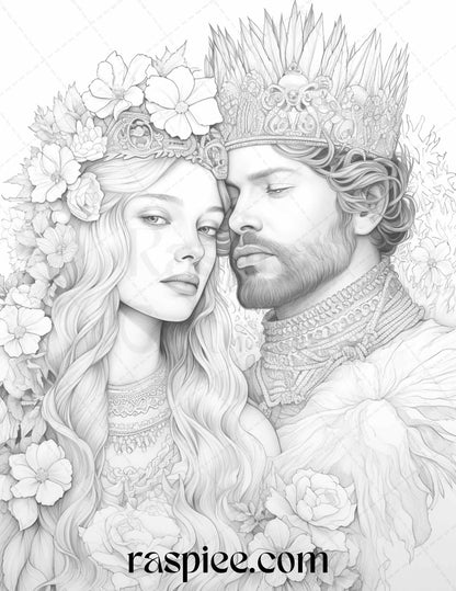 50 Romantic Couple Flowers Grayscale Coloring Pages Printable for Adults, PDF File Instant Download - Raspiee Coloring