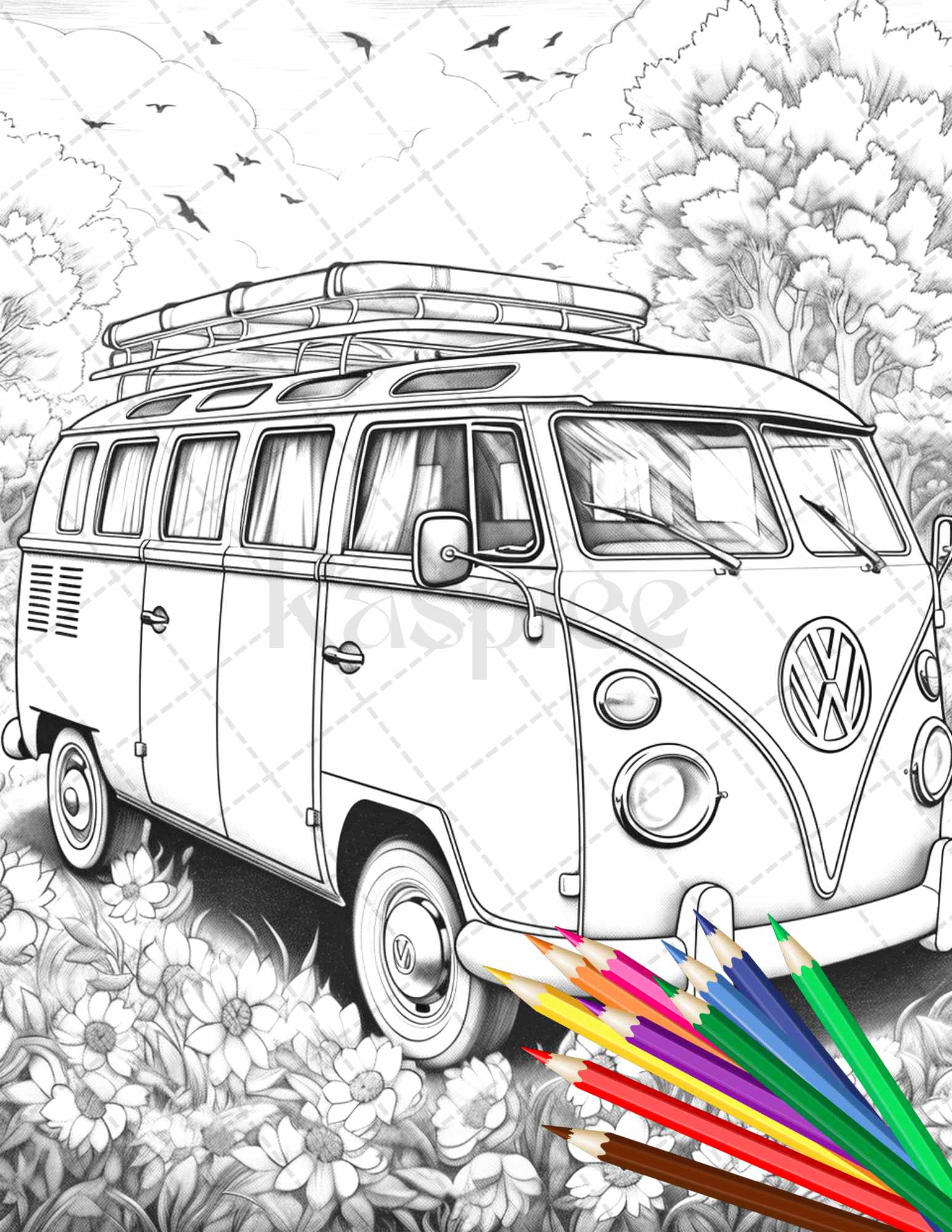 30 Campervan Adventure Grayscale Coloring Pages Printable for Adults, PDF File Instant Download - raspiee