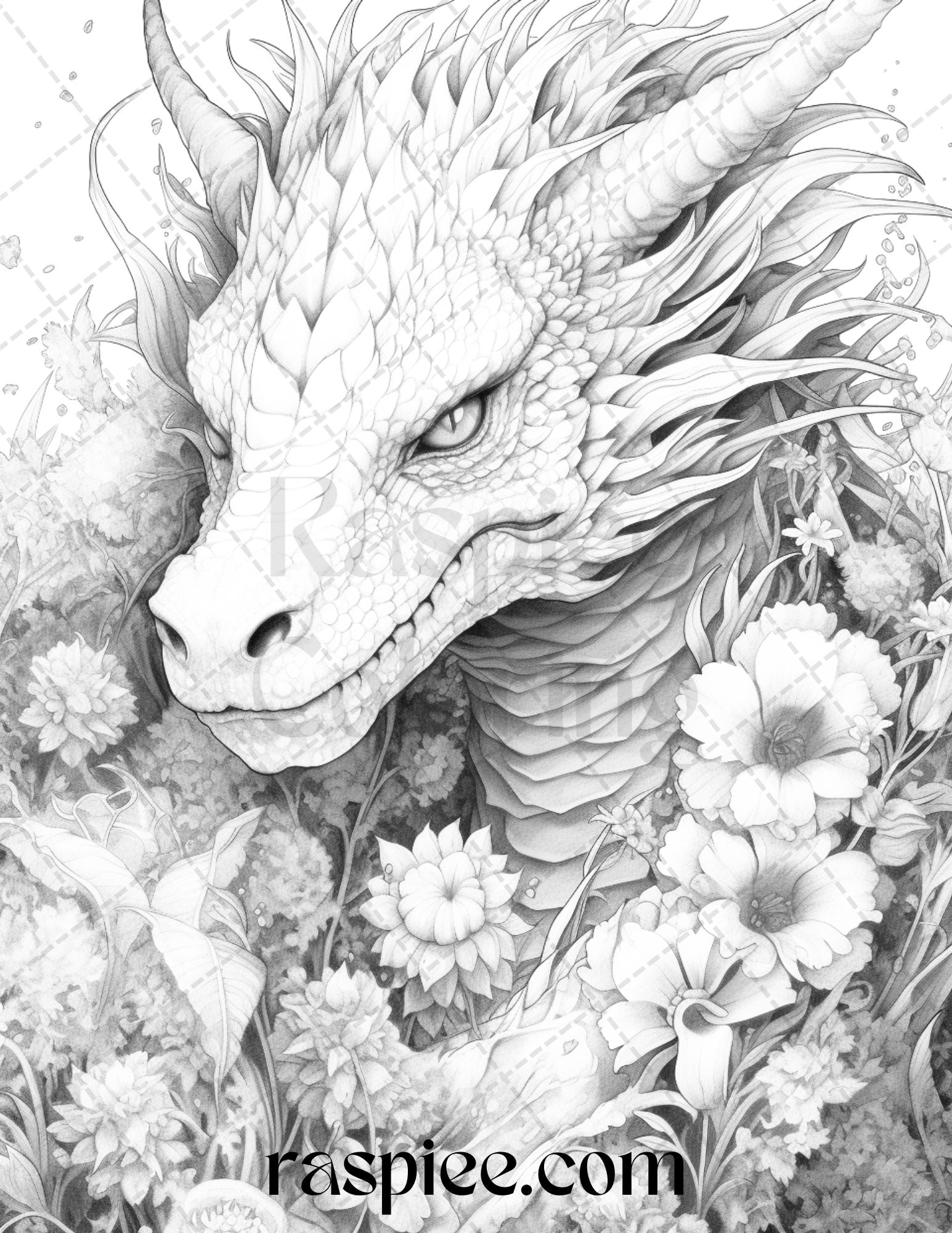 40 Flower Dragon Grayscale Coloring Pages Printable for Adults, PDF File Instant Download - raspiee