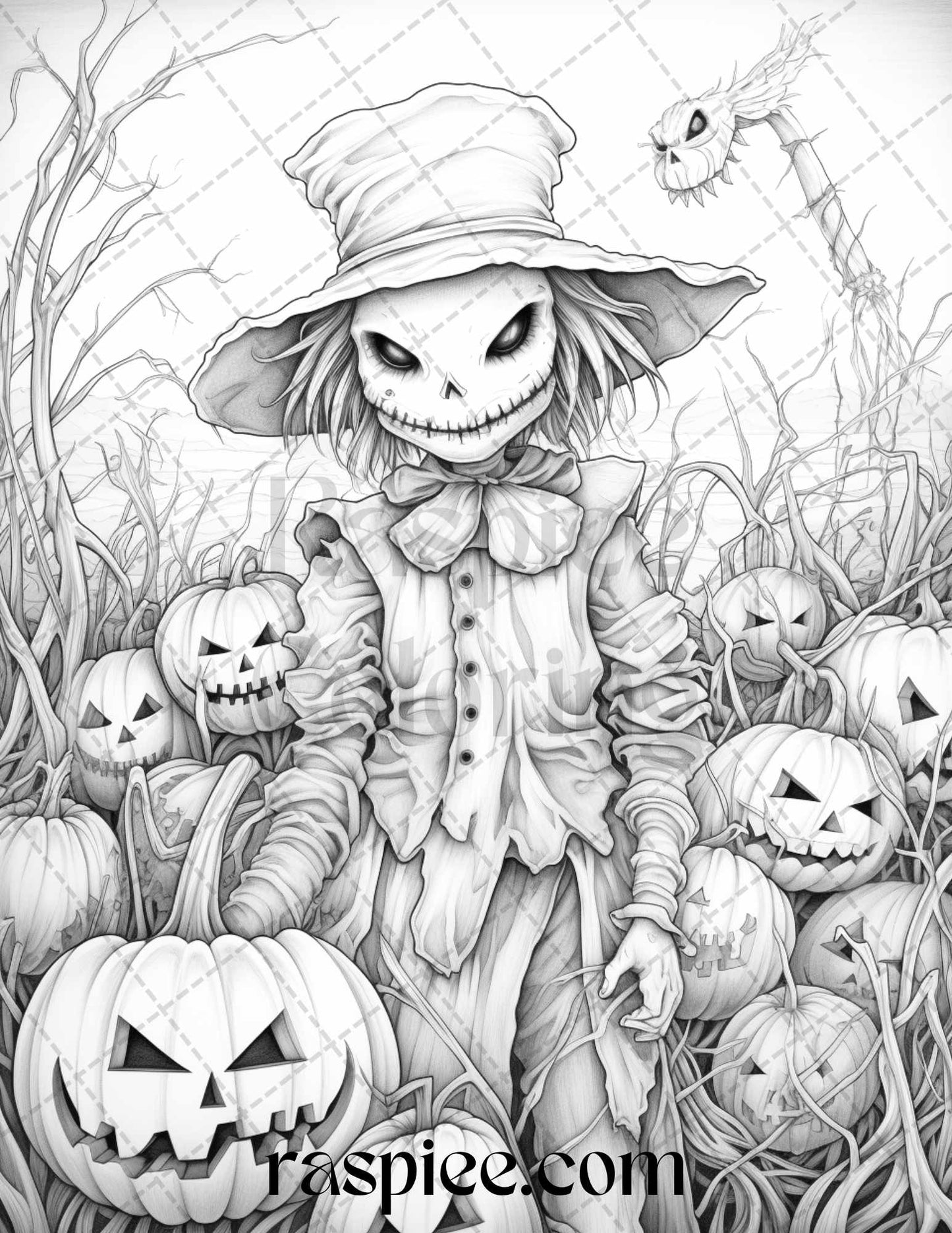 50 Halloween Scarecrows Grayscale Coloring Pages Printable for Adults, PDF File Instant Download