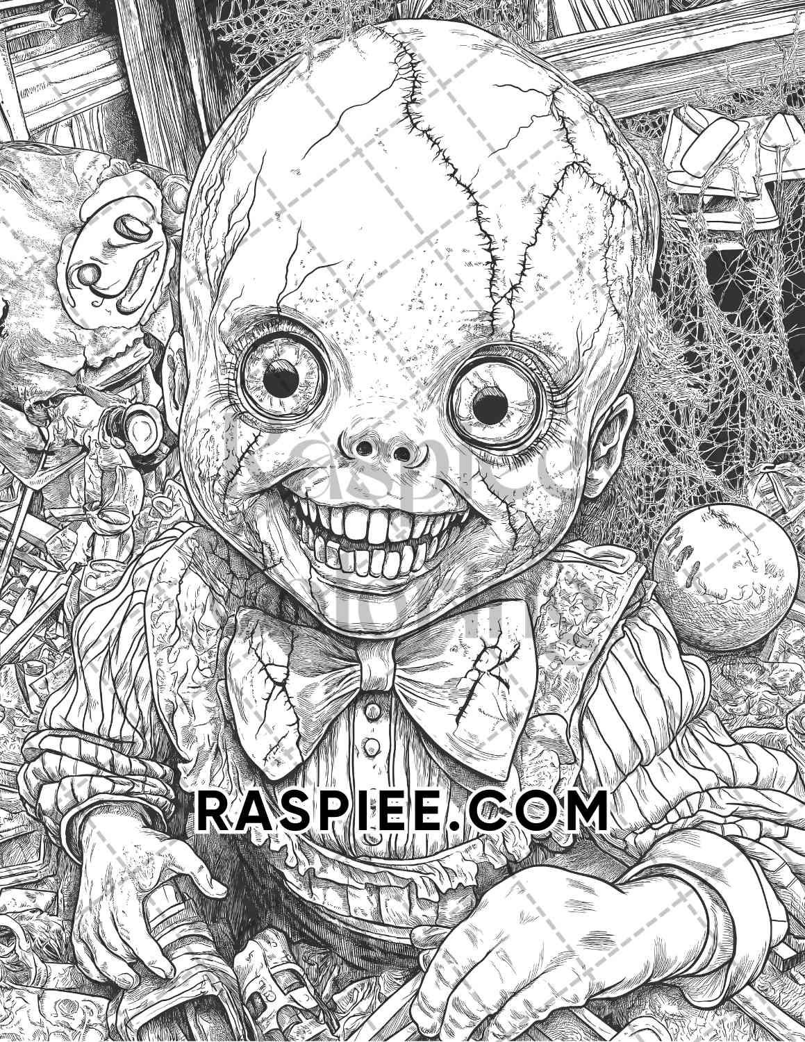 Haunted Dolls Halloween Horror Adult Coloring Pages Printable PDF Instant Download - RASPIEE