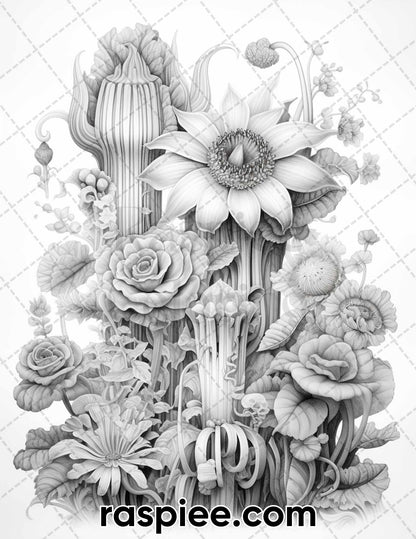 Fantasy Flowers Grayscale Coloring Pages, Printable for Adults, Detailed Coloring Images, Stress Relief Coloring, Flower Coloring Pages for Adults, Flower Coloring Sheets, Flower Coloring Book Printable