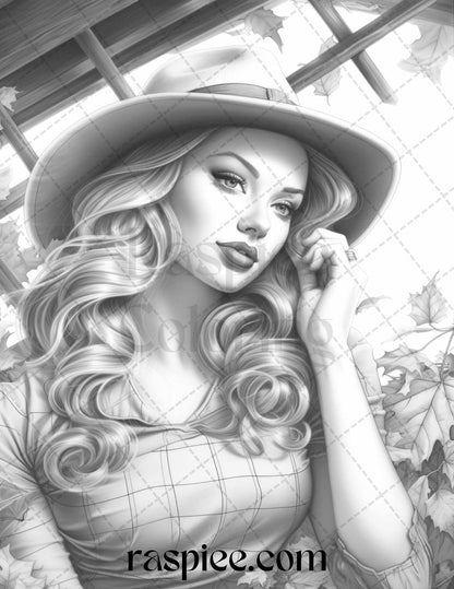55 Autumn Pin Up Girls Grayscale Coloring Pages Printable for Adults, PDF File Instant Download