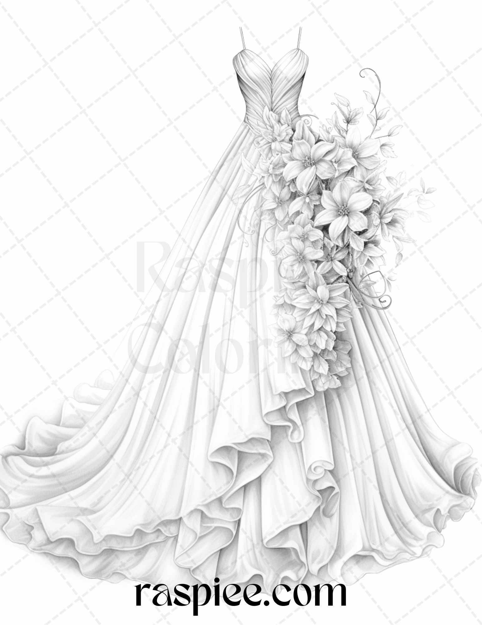 40 Elegant Floral Wedding Dresses Grayscale Coloring Pages Printable f – RASPIEE