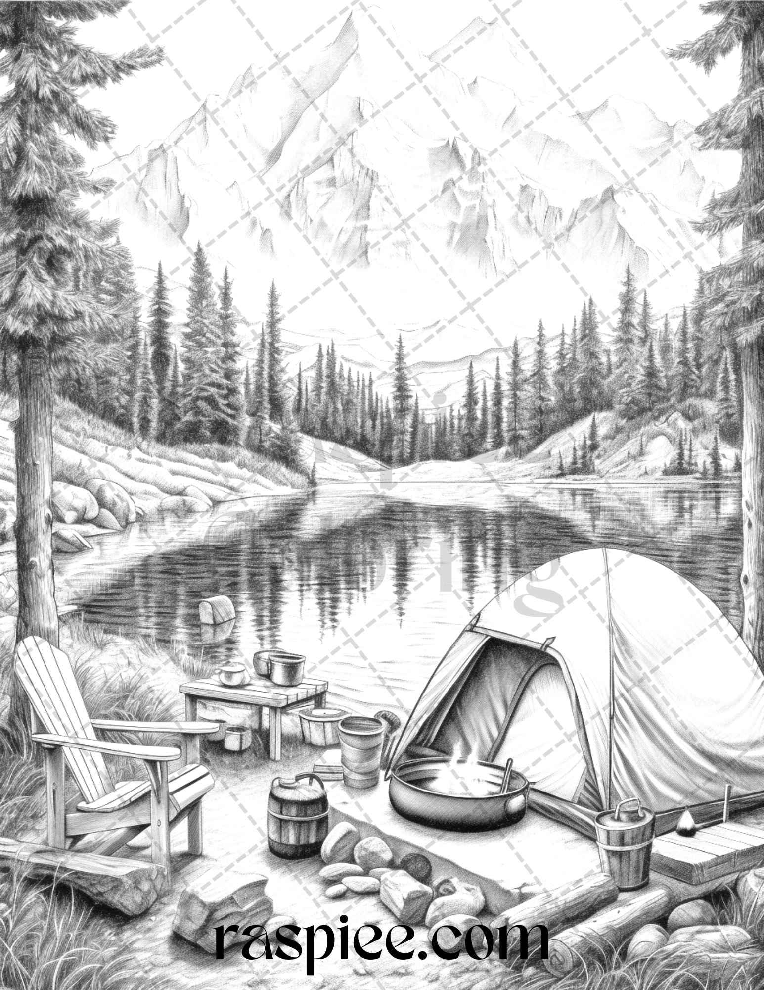 Nature Camping Grayscale Coloring Pages Printable, Relaxing Outdoor Scenes, PDF File Instant Download