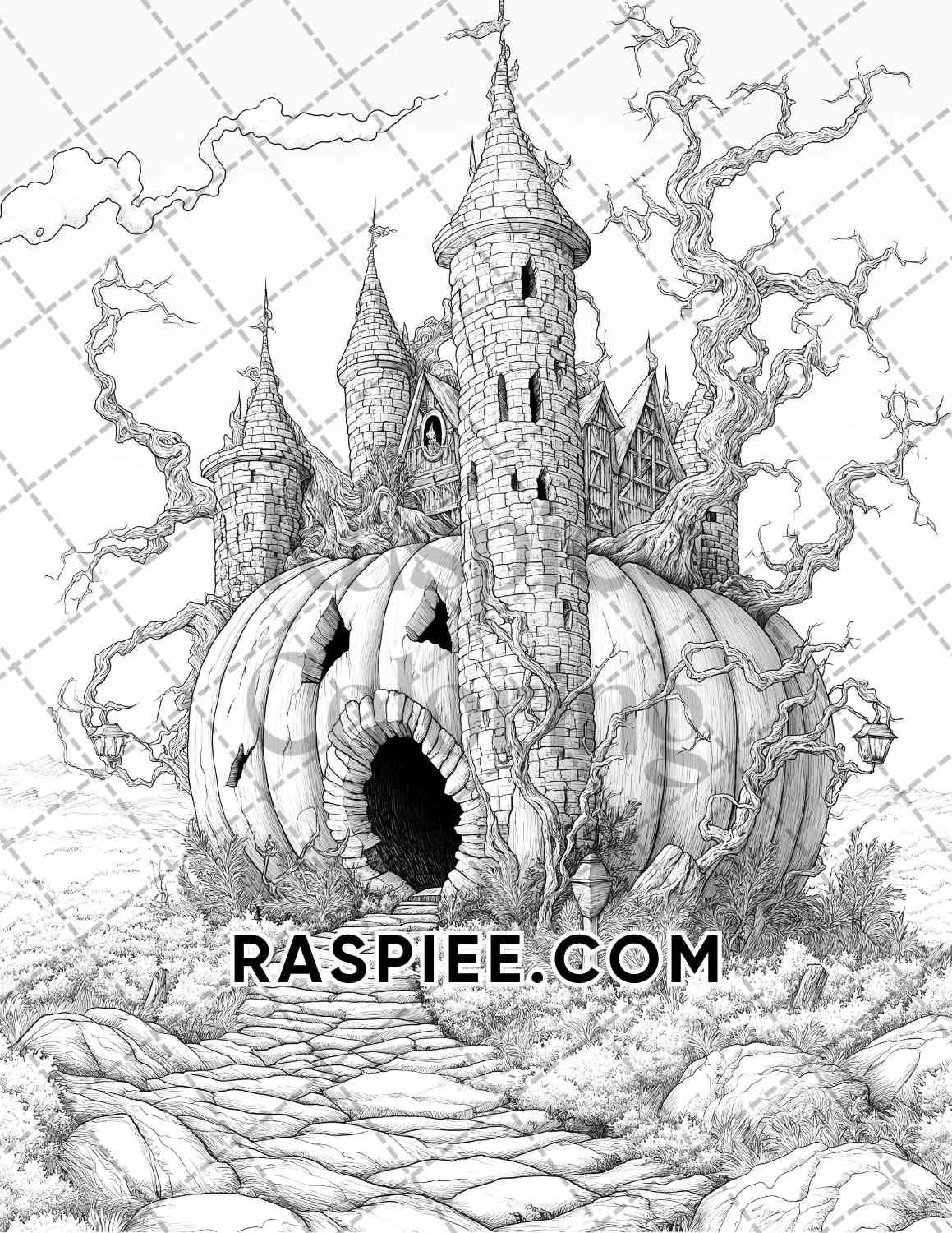 Fantasy Giant Pumpkin Castles Adult Coloring Pages Printable PDF Instant Download - RASPIEE