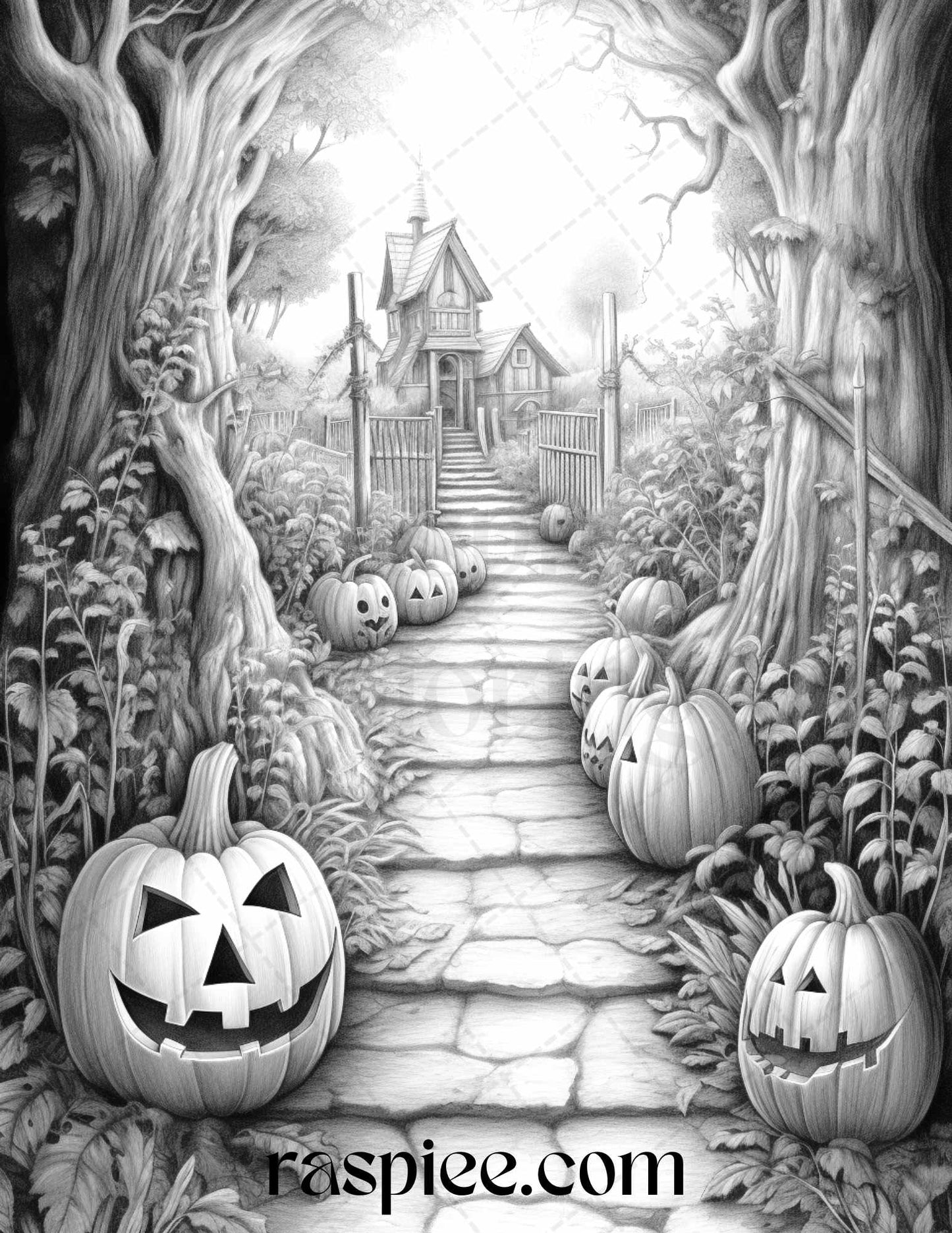 Ghoulish Halloween Grayscale Coloring Pages Printable for Adults, PDF File Instant Download - Raspiee Coloring