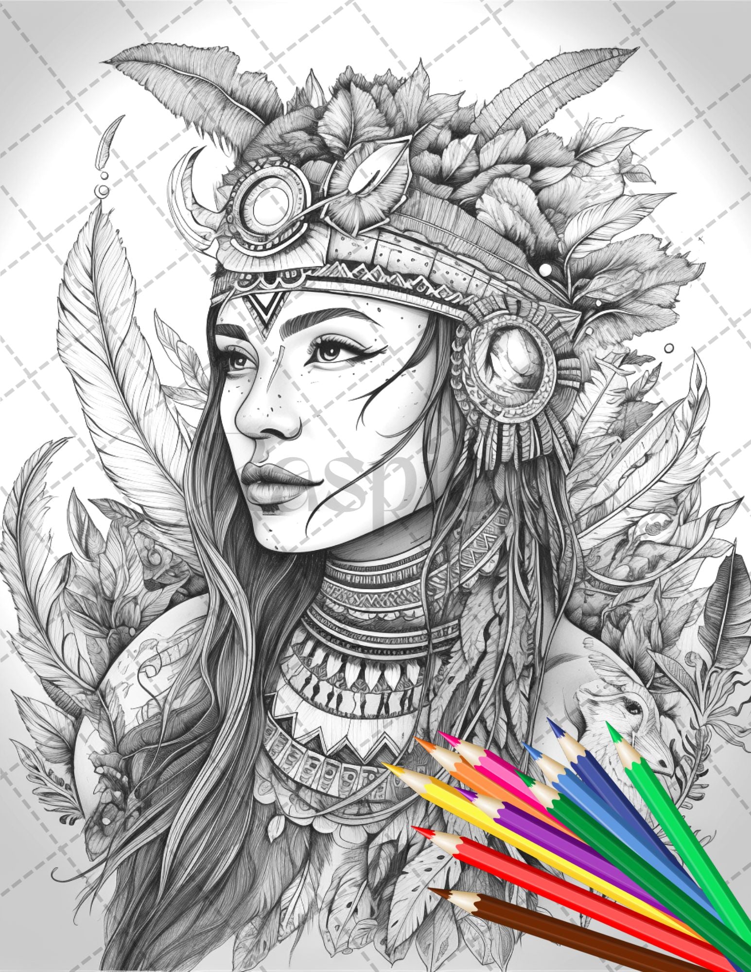 30 Native American Girls Printable Coloring Pages for Adult, Native American Culture Grayscale Coloring Book, Printable PDF File Download - raspiee