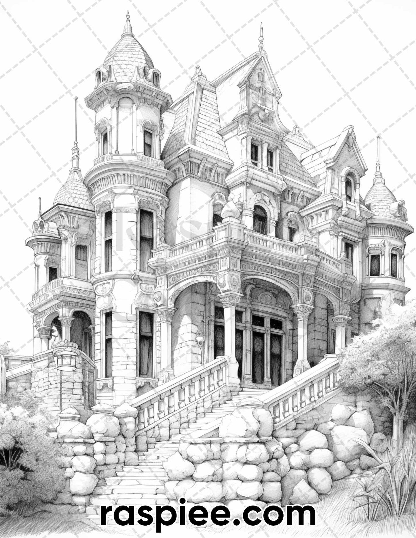 40 Victorian Mansions Grayscale Coloring Pages for Adults, Printable PDF Instant Download