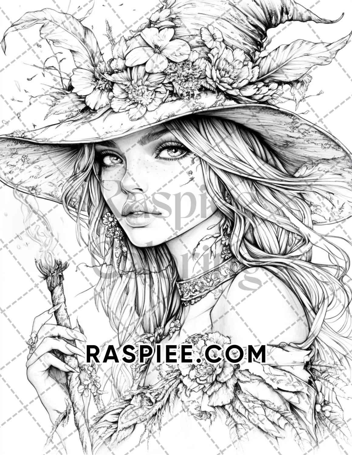 Enchanted Witches Adult Coloring Pages Printable PDF Instant Download - RASPIEE