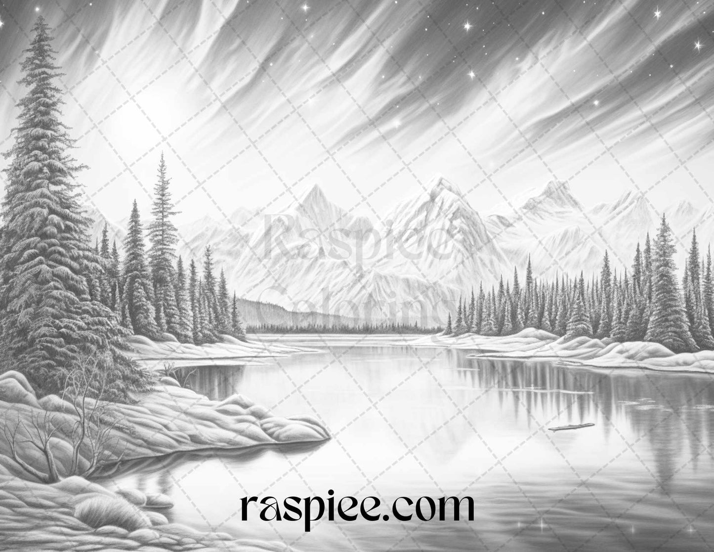 Aurora Borealis Landscape Grayscale Coloring Pages for Adults, Printable PDF File Instant Download