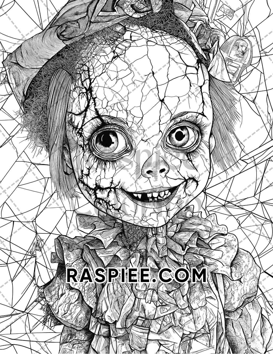 Haunted Dolls Halloween Horror Adult Coloring Pages Printable PDF Instant Download - RASPIEE