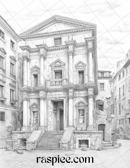 Roman Architecture Grayscale Coloring Pages Printable for Adults, PDF File Instant Download - Raspiee Coloring