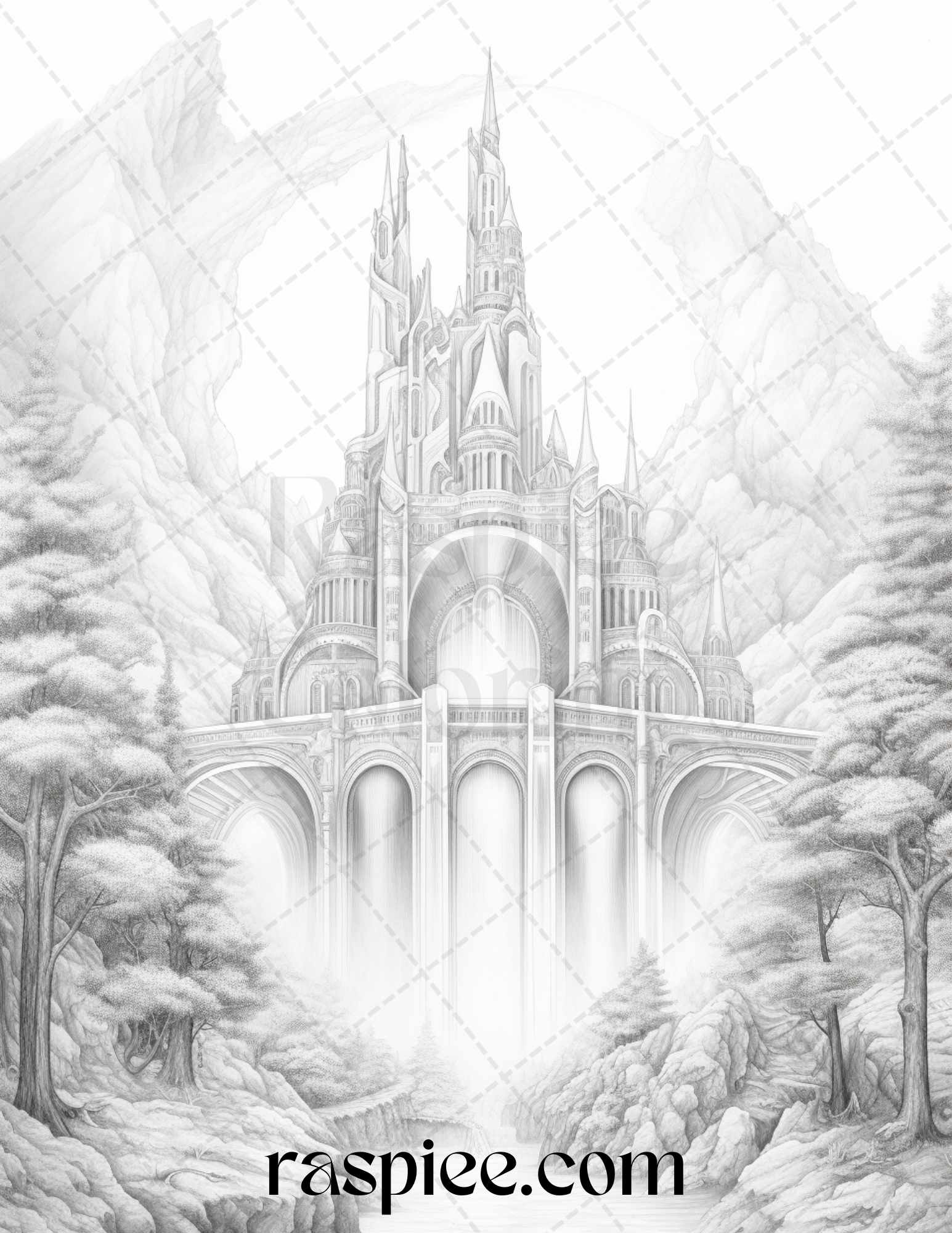 Mystical World Grayscale Coloring Pages Printable for Adults, Enchanting Fantasy Designs, PDF File Instant Download - Raspiee Coloring