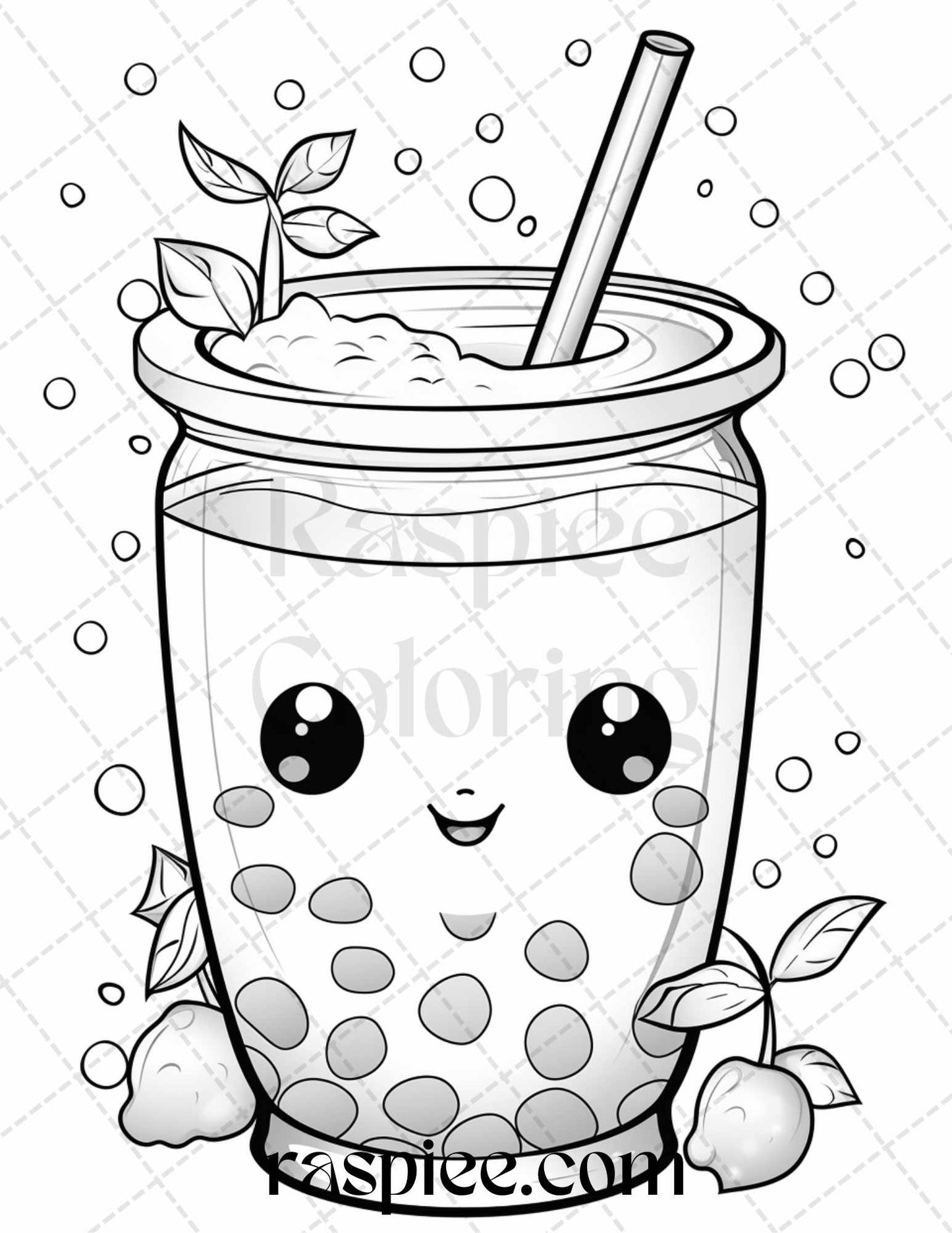 50 Cute Kawaii Boba Tea Grayscale Coloring Pages for Adults and Kids, Printable PDF File Instant Download