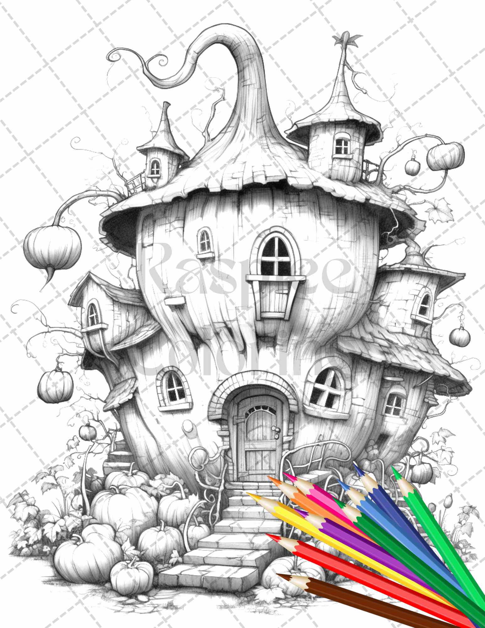 40 Pumpkin Fairy Houses Grayscale Coloring Pages Printable for Adults, PDF File Instant Download - raspiee