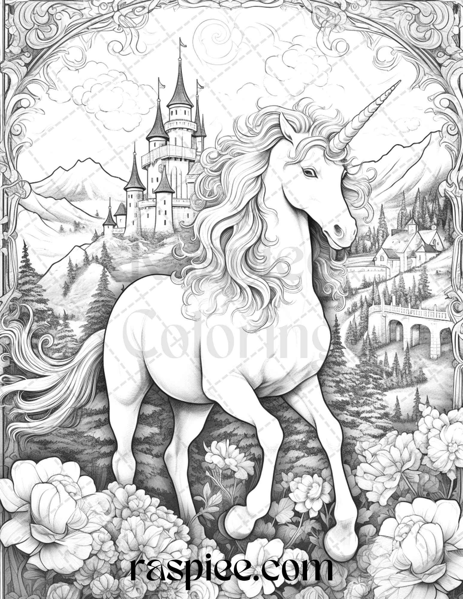40 Enchanted Unicorns Grayscale Coloring Pages Printable for Adults, PDF File Instant Download - raspiee