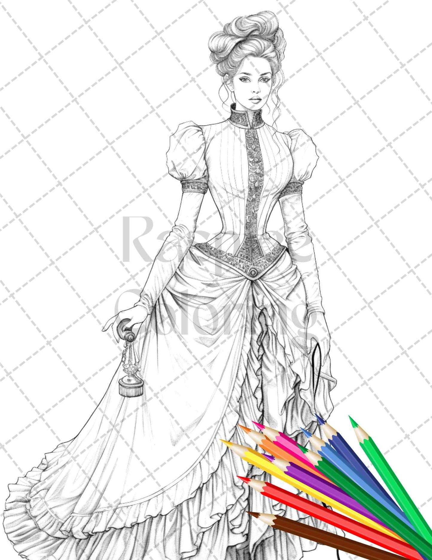50 Victorian Fashion Grayscale Coloring Pages Printable for Adults, PDF File Instant Download - raspiee