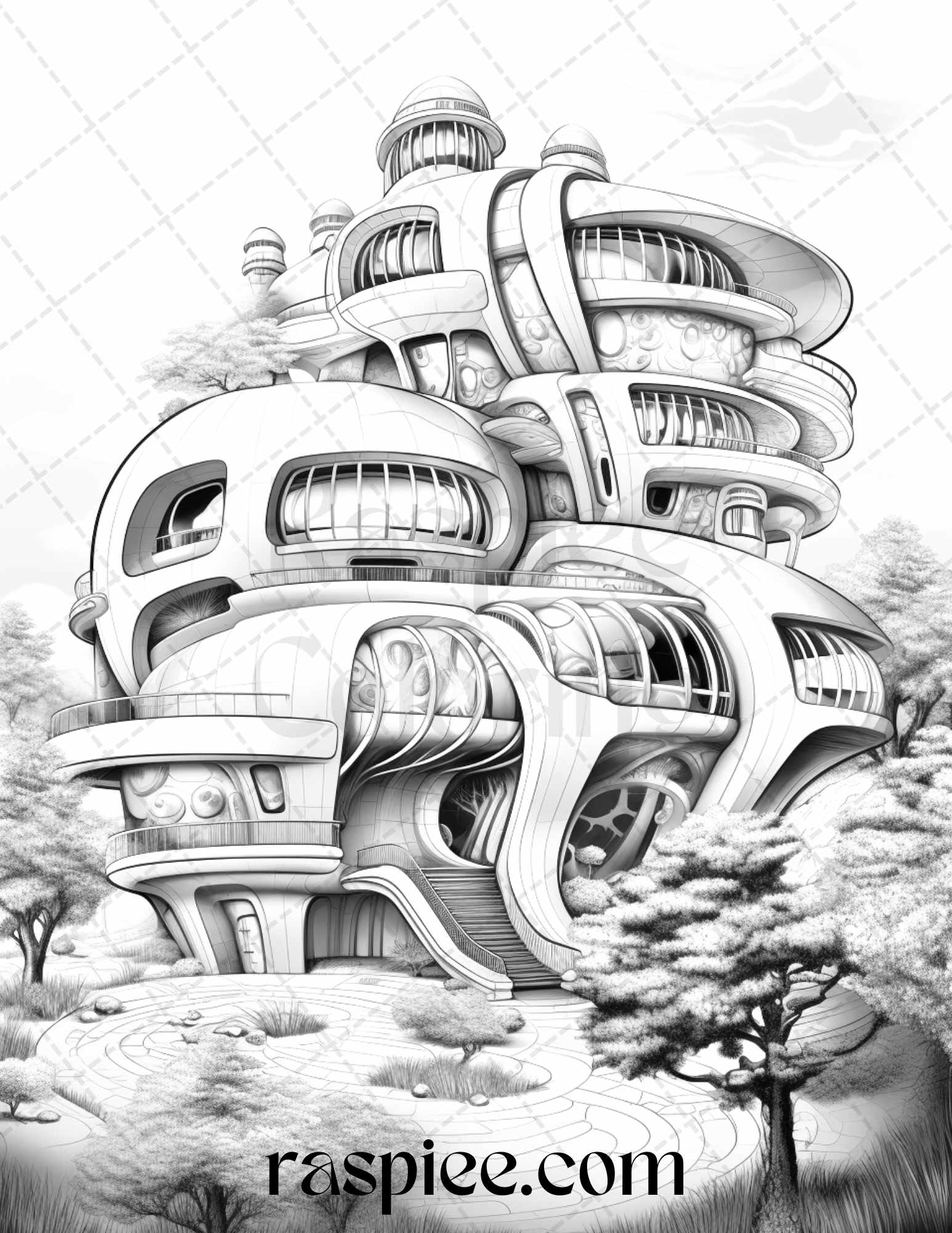 43 Futuristic Houses Grayscale Coloring Pages Printable for Adults, PDF File Instant Download - Raspiee Coloring