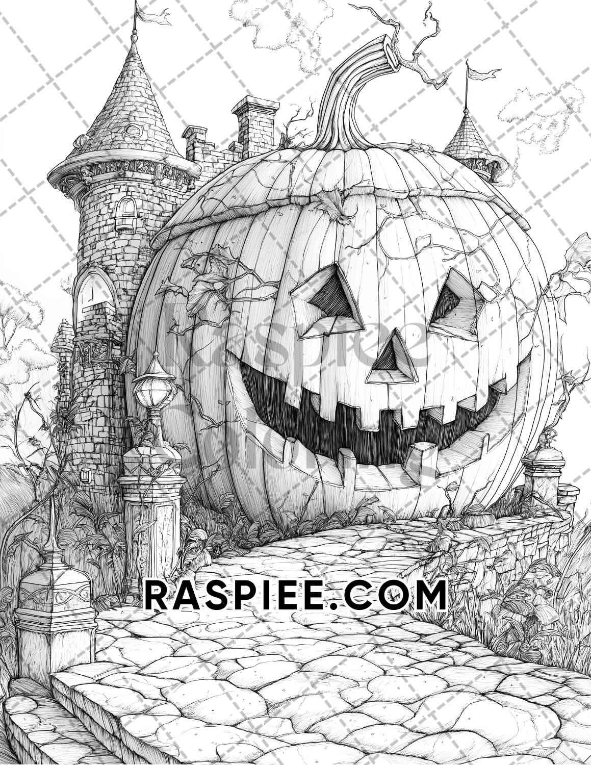 Fantasy Giant Pumpkin Castles Adult Coloring Pages Printable PDF Instant Download - RASPIEE