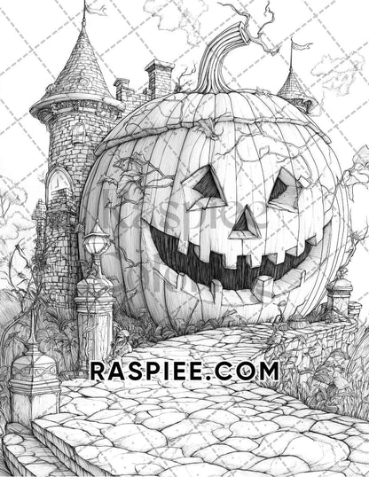 Fantasy Giant Pumpkin Castles Adult Coloring Pages Printable PDF Instant Download - RASPIEE