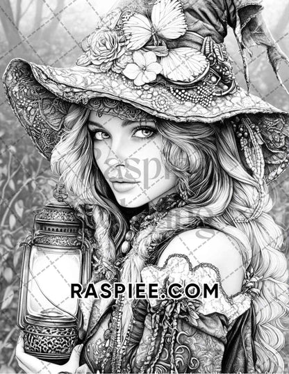 Enchanted Witches Adult Coloring Pages Printable PDF Instant Download - RASPIEE