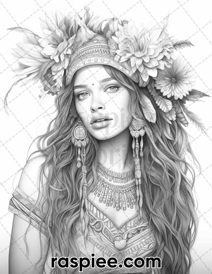 60 Bohemian Beauties Grayscale Coloring Pages for Adults, Printable PDF Instant Download