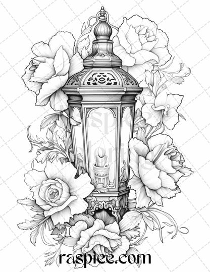 30 Vintage Lantern Flower Grayscale Coloring Pages Printable for Adults, PDF File Instant Download - raspiee