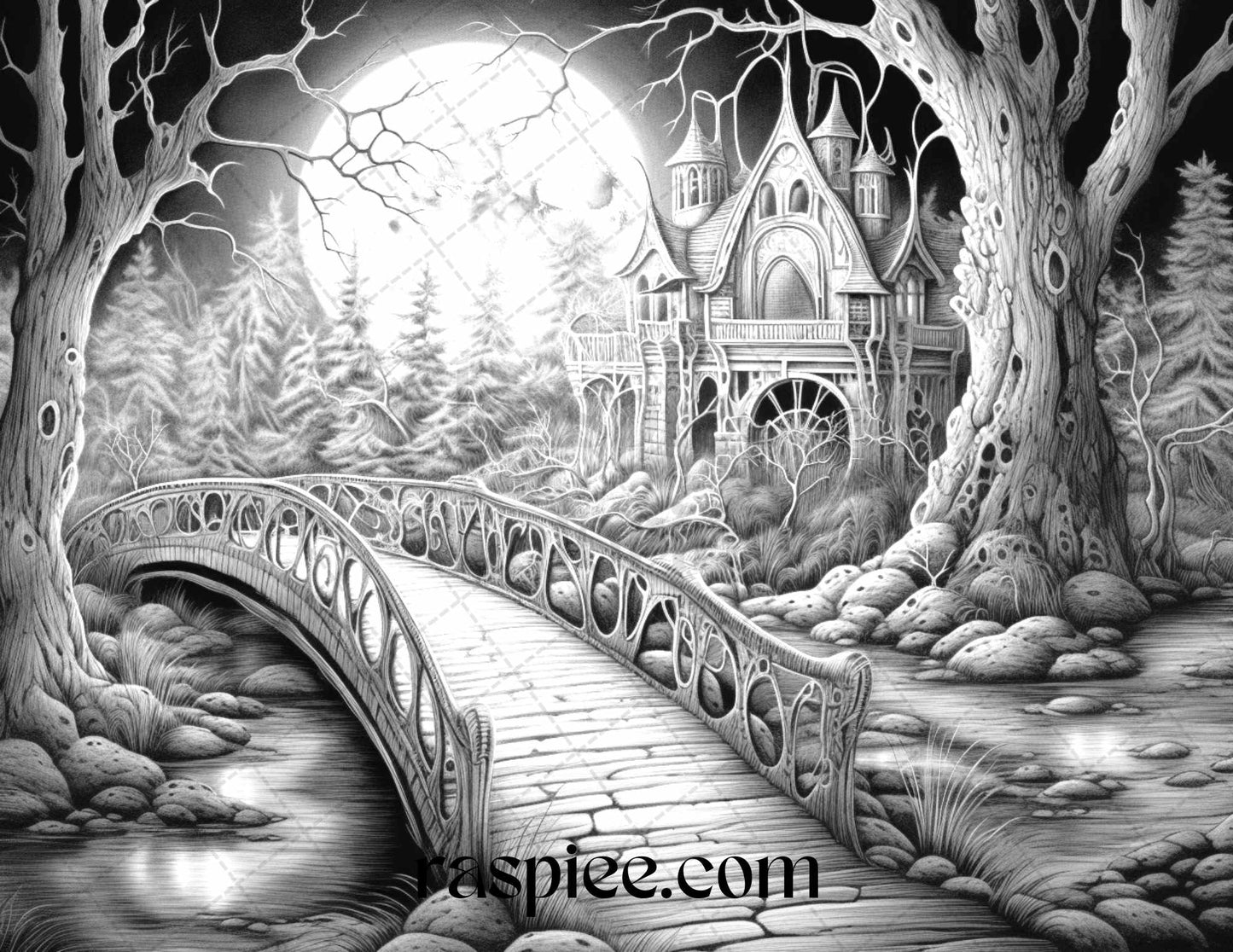 40 Halloween Landscapes Grayscale Coloring Pages Printable for Adults, PDF File Instant Download - Raspiee Coloring