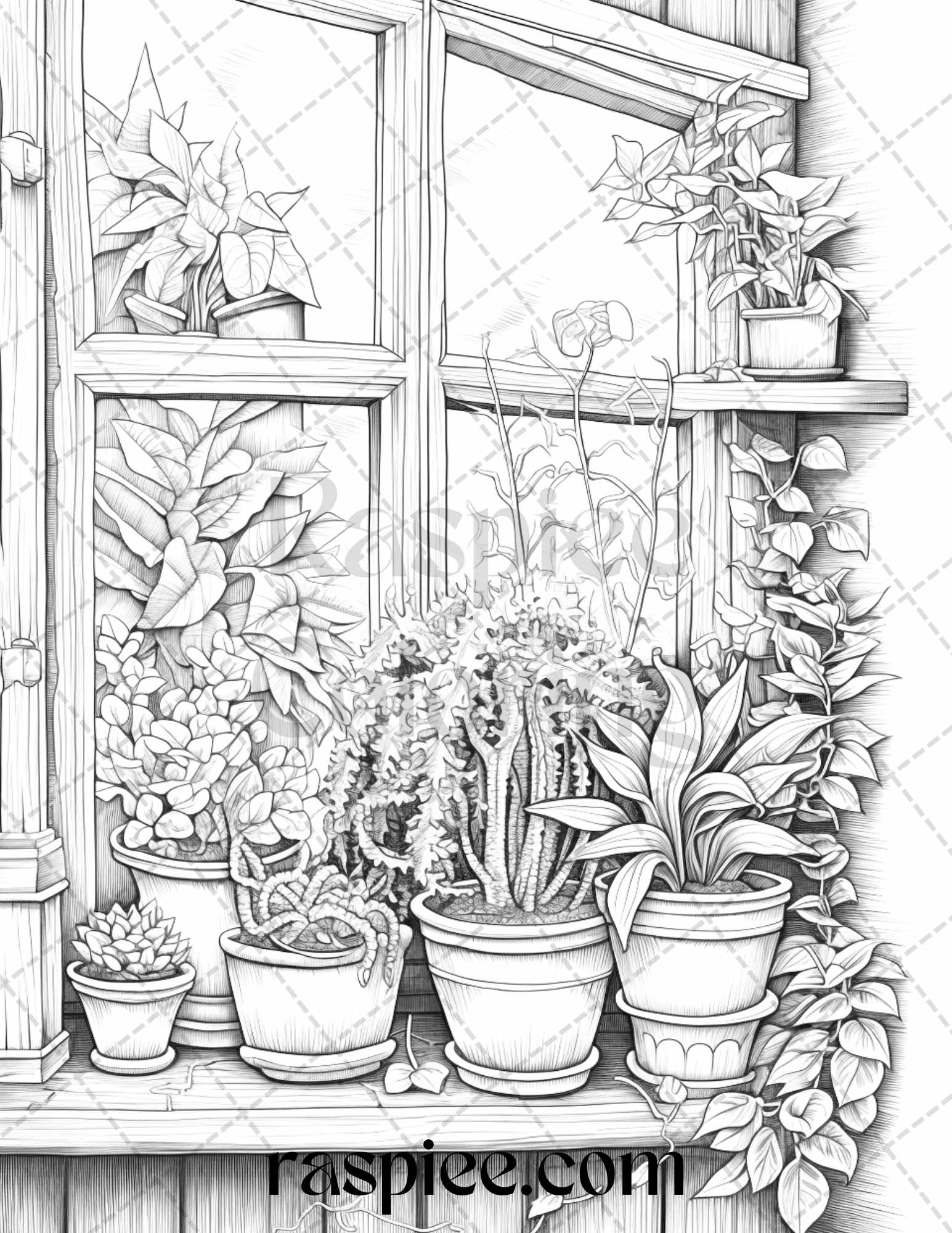 40 Window Plants Grayscale Coloring Pages Printable for Adults, PDF File Instant Download - raspiee