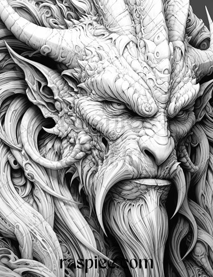 43 Fantasy Demons Grayscale Coloring Pages for Adults, Printable PDF File Instant Download
