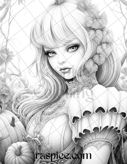 55 Halloween Girls Grayscale Coloring Pages Printable for Adults, PDF File Instant Download