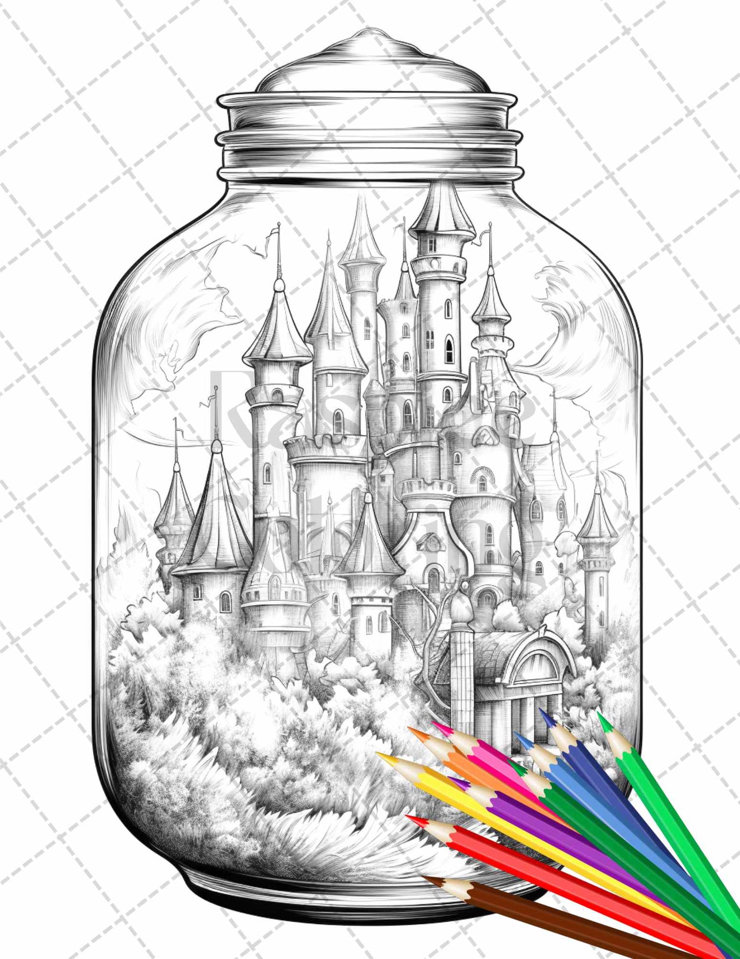 42 Fantasy Castle In Jar Grayscale Coloring Pages Printable for Adults, PDF File Instant Download - raspiee