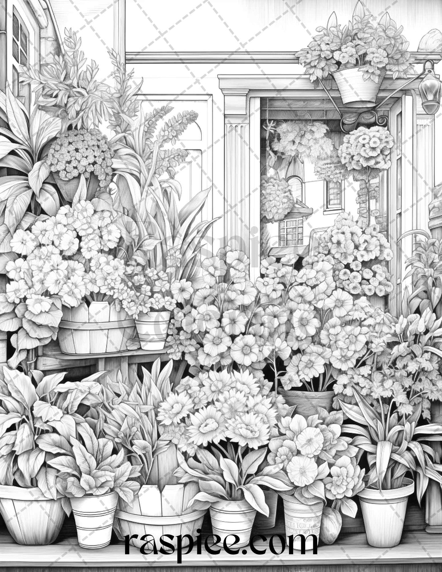 45 Flower Store Front Grayscale Coloring Pages Printable for Adults, PDF File Instant Download - raspiee