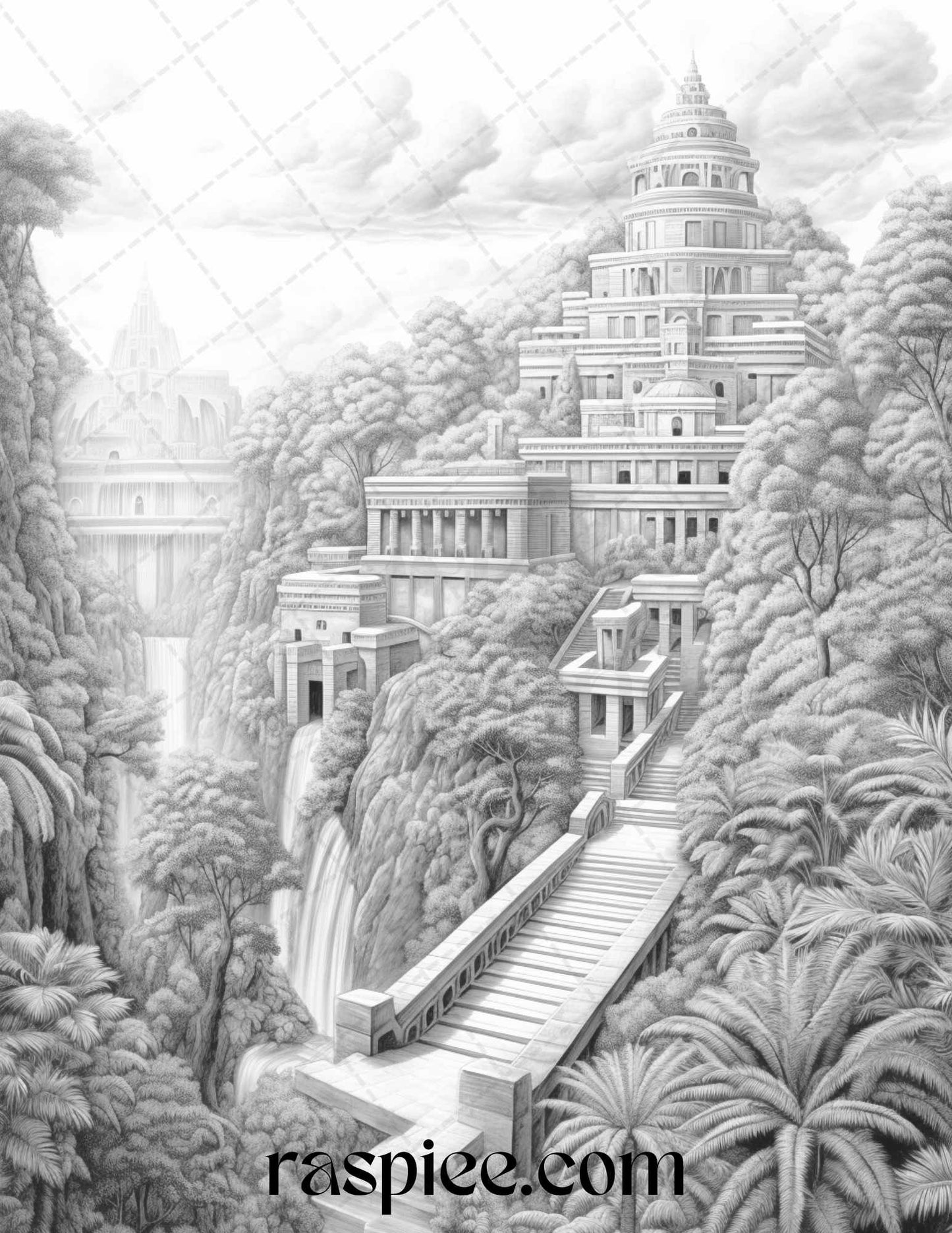 Hanging Gardens of Babylon Grayscale Coloring Pages Printable, PDF File Instant Download - Raspiee Coloring