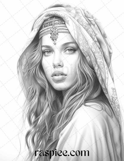 40 Beautiful Gypsy Girls Grayscale Coloring Pages Printable for Adults, PDF File Instant Download - Raspiee Coloring