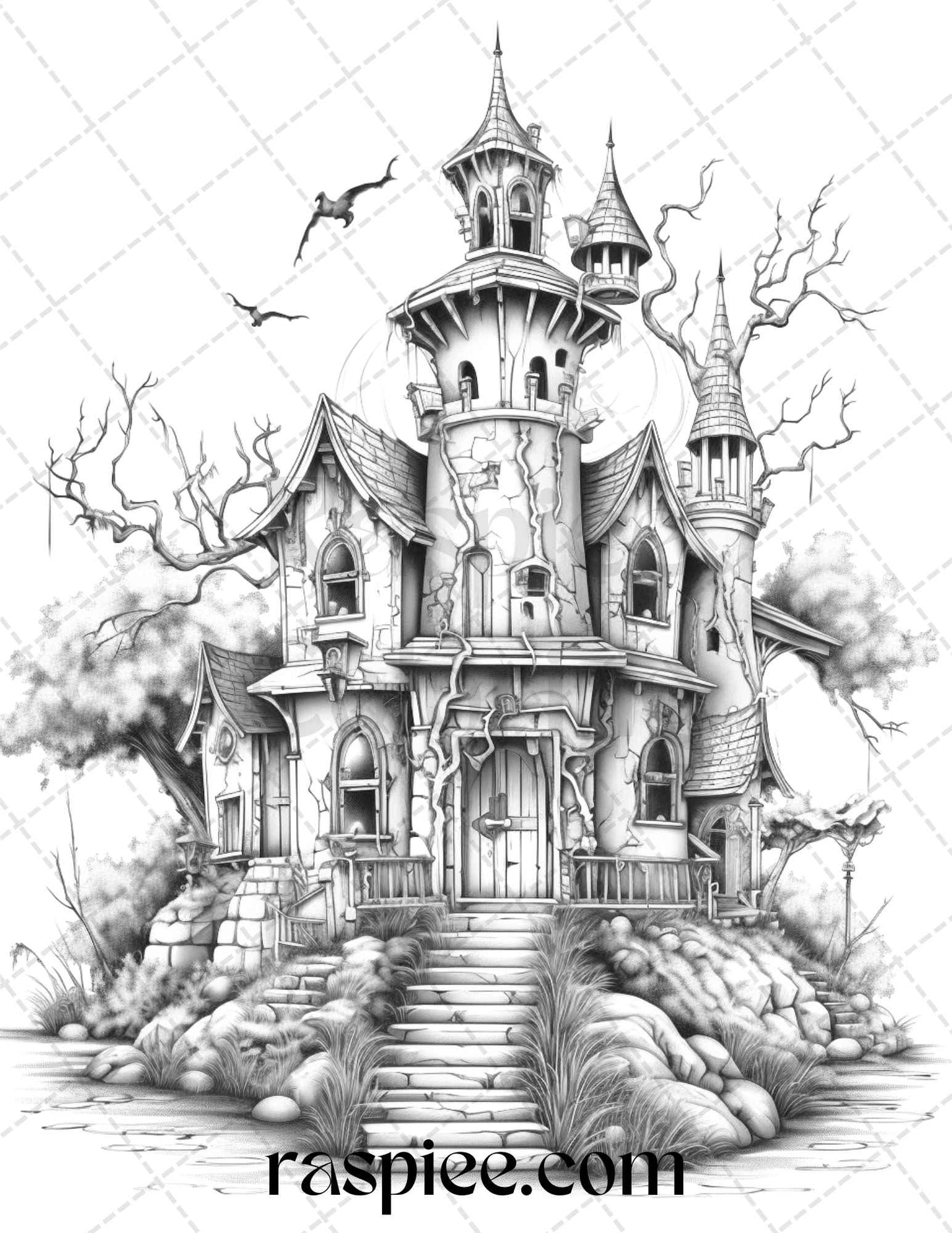50 Haunted Castles Grayscale Coloring Pages Printable, Halloween Coloring Book, PDF File Instant Download - raspiee