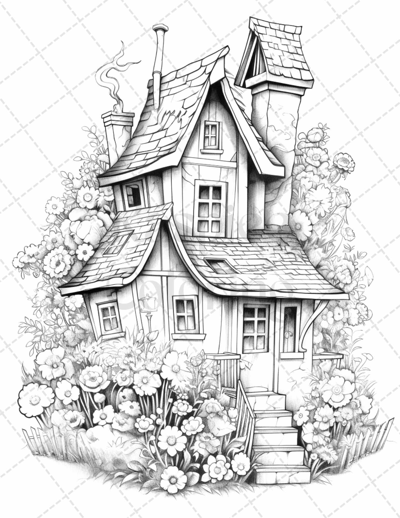 60 Flower Houses Grayscale Coloring Pages Printable for Adults, PDF File Instant Download - raspiee
