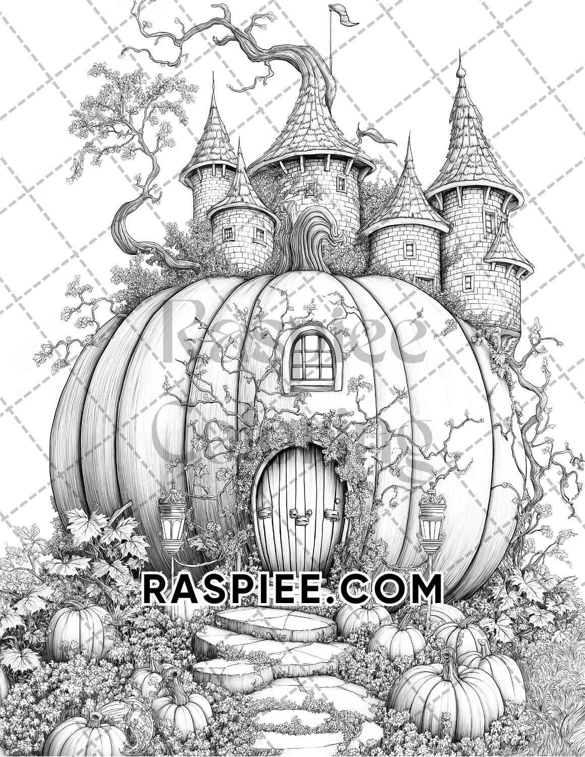 Fantasy Giant Pumpkin Castles Adult Coloring Pages Printable PDF Instant Download - RASPIEE