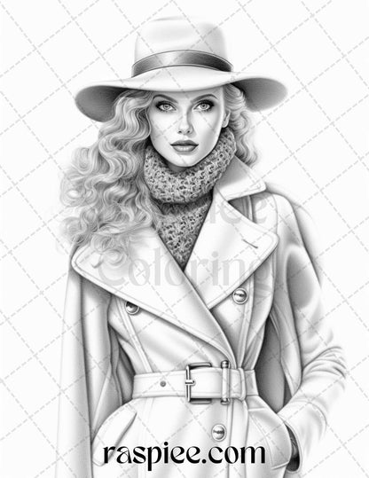 40 Winter Fashion Grayscale Coloring Pages Printable for Adults, PDF File Instant Download