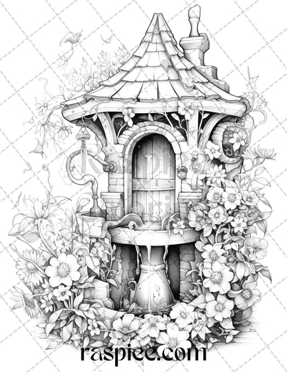 40 Whimsical Wishing Wells Grayscale Coloring Pages Printable for Adults, PDF File Instant Download - raspiee
