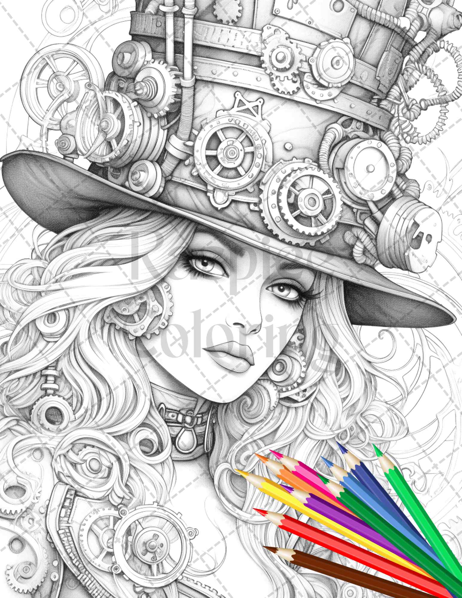 40 Steampunk Ladies Grayscale Coloring Pages Printable for Adults, PDF File Instant Download - raspiee