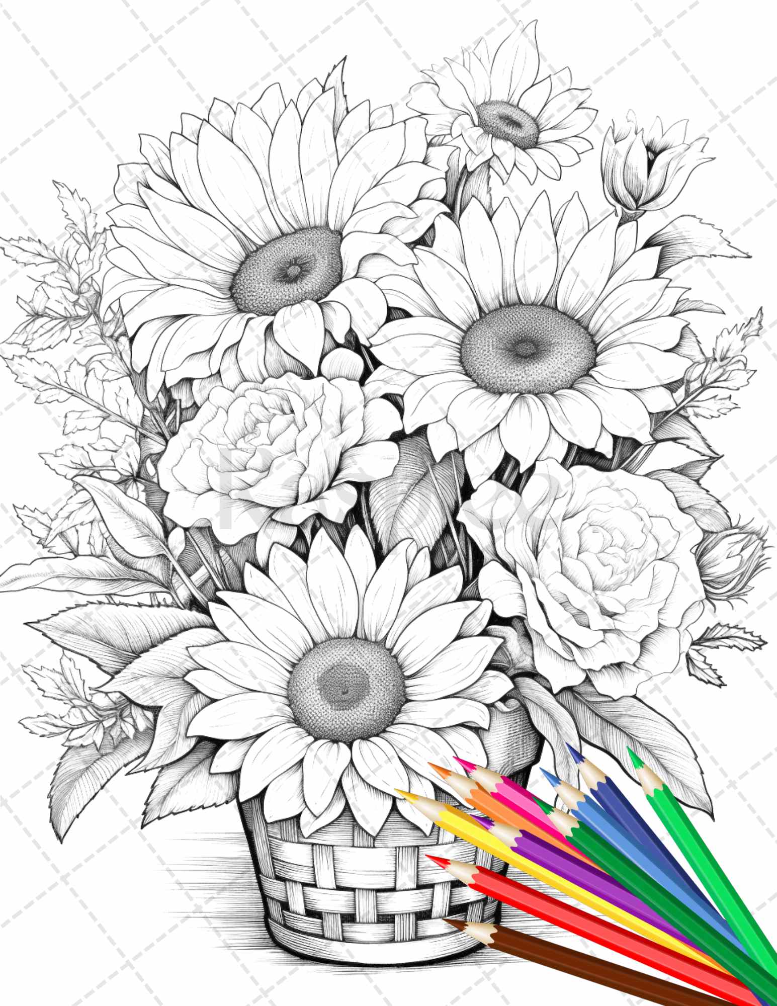 Sunflower Adult Coloring Page Portrait Coloring Grayscale Coloring