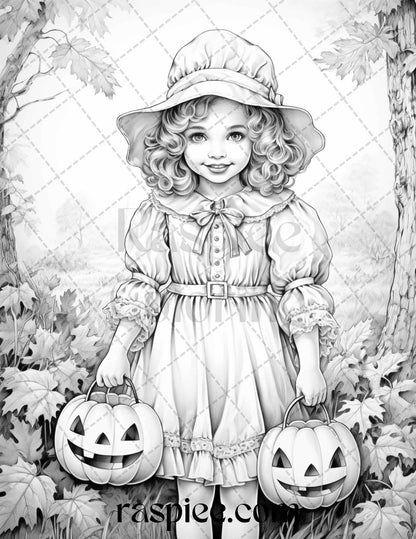 40 Vintage Halloween Trick or Treat Grayscale Coloring Pages Printable for Adults, PDF File Instant Download