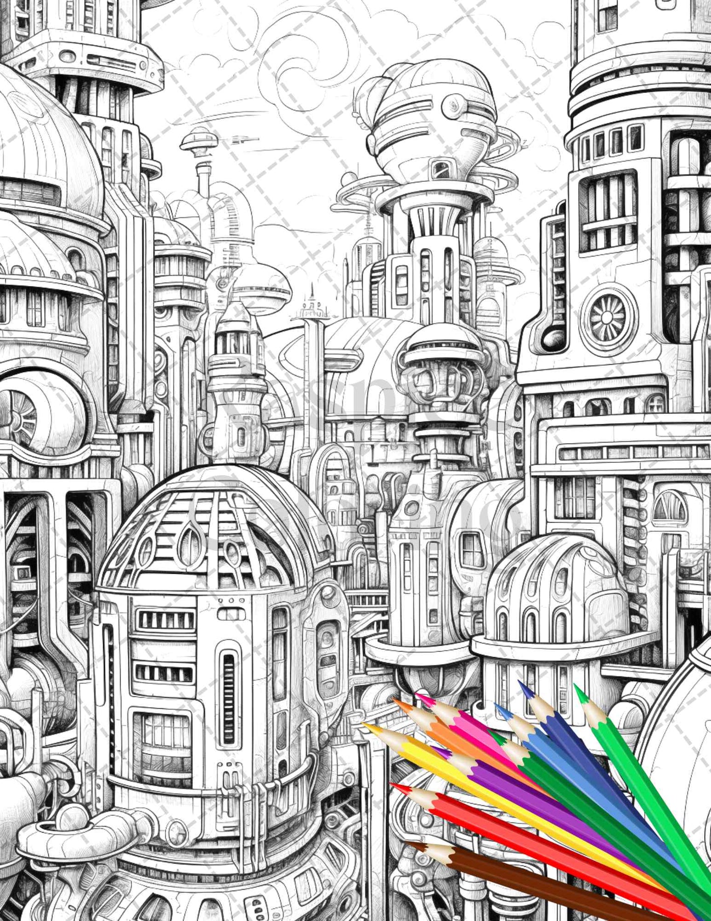 50 Futuristic Metropolis Grayscale Coloring Pages Printable for Adults, PDF File Instant Download - raspiee