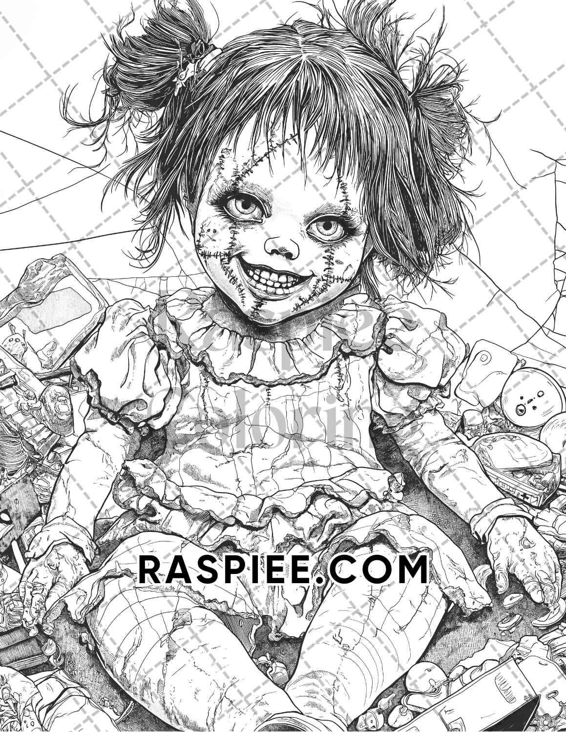 Haunted Dolls Halloween Horror Adult Coloring Pages Printable PDF Instant Download - RASPIEE