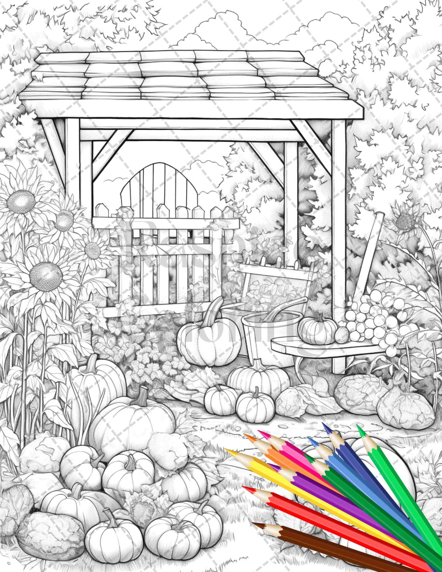 Pumpkin Garden Scenery Grayscale Coloring Pages Printable for Adults, PDF File Instant Download - raspiee
